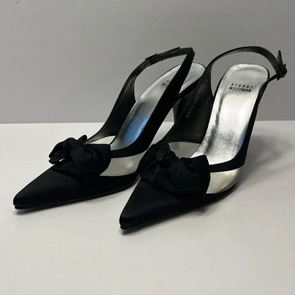 Stuart Weitzman Babe Black Satin Heels, size 8 slingback, bow front with mesh - Picture 1 of 12